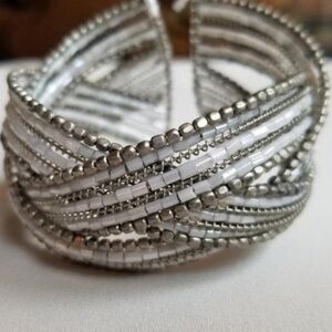 Vintage Silver and White Elegant Beaded Woven Cuff Bracelet